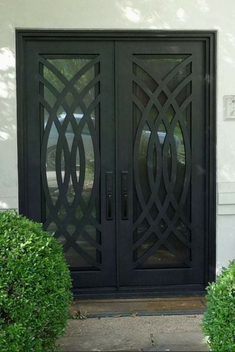 Wrought Iron Doors Front Entrances, Wrought Iron Front Door, Double Doors Exterior, Iron Front Door, Iron Entry Doors, House Main Door Design, Metal Doors Design, Steel Door Design, Iron Door Design