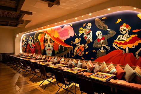 Happy hour and Taco Tuesday highlight the Mexican menu at Casa Calavera at Virgin Hotels - Eater Vegas Roasted Red Salsa, Mexican Restaurants Interior, Achiote Chicken, Restaurant Mural, Virgin Hotel, Mexican Restaurant Design, Mexican Restaurant Decor, Mexican Bar, Dia De Los Muertos Decorations Ideas