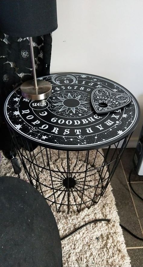 Cute Room Ideas Aesthetic Black, Ouija Board Furniture, Dark Transitional Decor, Occult Decor Home, Gothic Office Decor Ideas, Ouija Board Decor, Goth Storage Ideas, Goth Crafts Home Decor, Diy Gothic Decor Bedroom