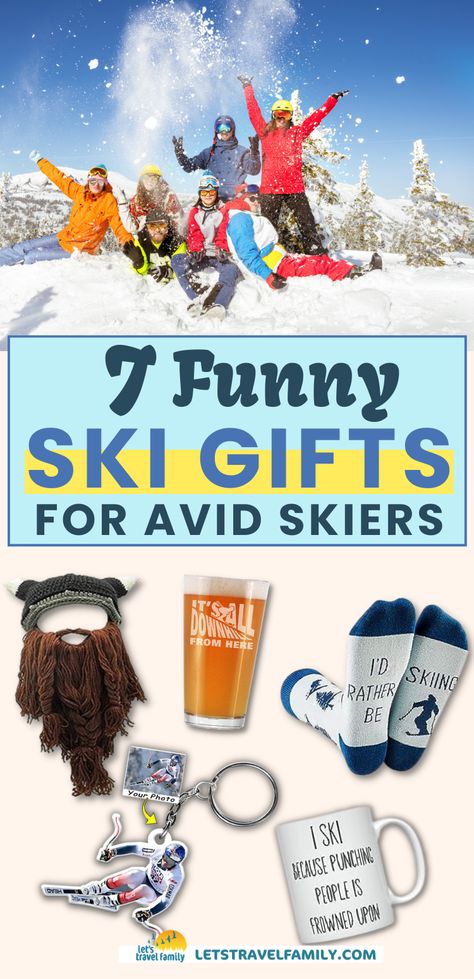 Ski Basket Gift Ideas, Ski Trip Goodie Bags, Diy Skis Christmas, Stocking Suffers, Skiing Humor, Skiing Mug, Skiing Memes, 50th Birthday Presents, Skier Gifts