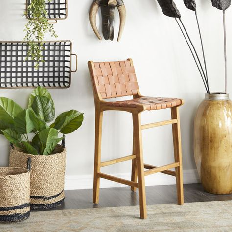 Joss & Main Montae Teak Wood Woven Leather Seat and Back Bar Stool with Beam Footrest | Wayfair Breakfast Nook Table, Nook Table, Rattan Stool, Natural Teak Wood, Rustic Chair, Back Bar, Leather Bar Stools, Wood Bar Stools, Leather Bar