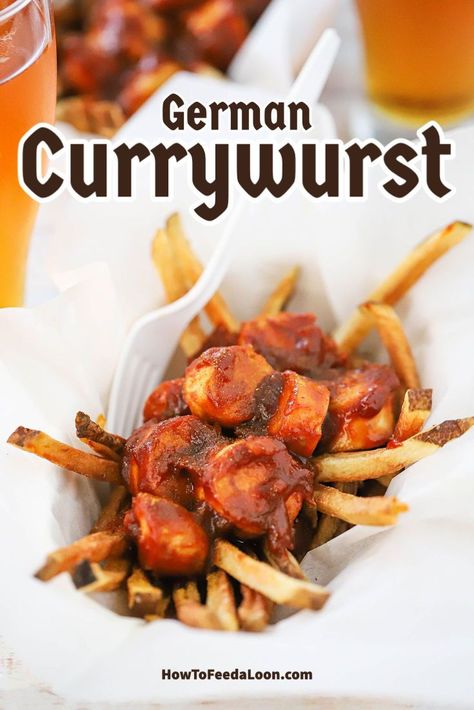 German Currywurst, Currywurst Recipe, German Meals, Curried Sausages, German Cooking, Curry Ketchup, German Sausage, Ketchup Sauce, Homemade Fries