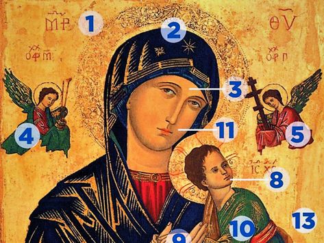 MOTHER OF PERPETUAL HELP ICON: HOW TO INTERPRET | Catholics striving for holiness Mother Of Perpetual Help, Crucifixion Of Jesus, Archangel Gabriel, Blessed Mother Mary, Child Jesus, Byzantine Icons, Madonna And Child, Faith Prayer, Religious Icons