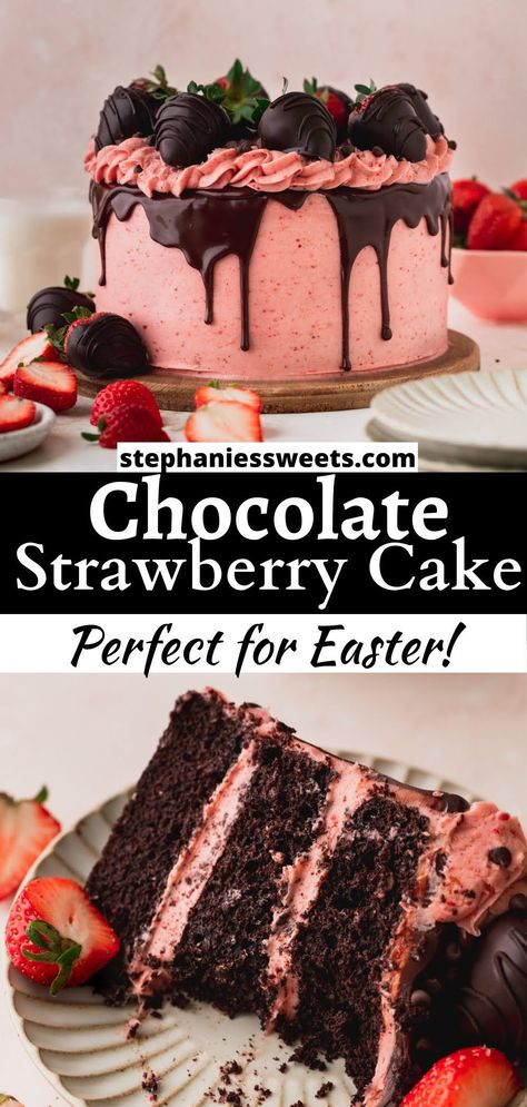 This cake is a layered brownie cake with strawberry cream cheese frosting. It is a very rich and moist chocolate cake and the strawberry frosting is made with freeze dried strawberries for a powerful strawberry flavor to match. Chocolate Covered Strawberry Cake, Strawberry Cream Cheese Frosting, Cake With Strawberry, Chocolate Strawberry Cake, Covered Strawberry, Strawberry Dessert, Chocolate Covered Strawberry, Strawberry Frosting, Strawberry Cake Recipes