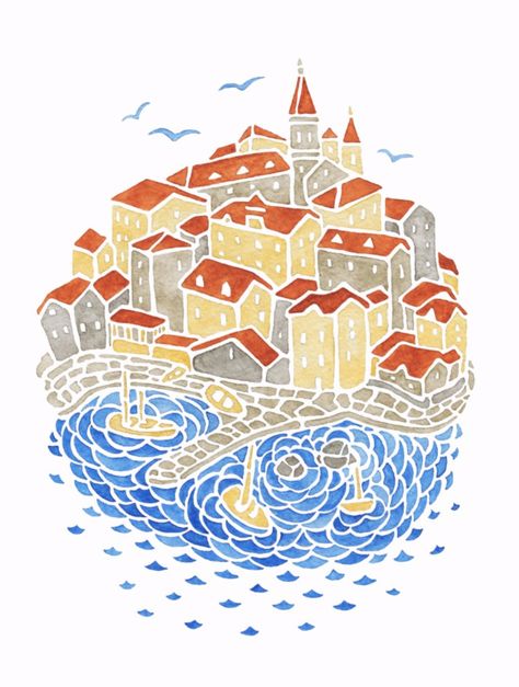 Europe Watercolor, Postcard Watercolor, Illustration Postcard, City Postcard, Travel Canvas, Watercolor Gifts, Sea Wall Art, City Illustration, Dubrovnik Croatia