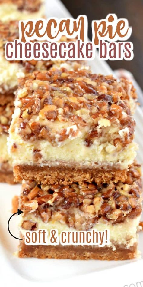 Pecan Pie Cheesecake Bars Recipe, Pecan Pie Cheesecake Bars, Pecan Desserts, Pecan Pie Cheesecake, Shugary Sweets, Pie Cheesecake, Cheesecake Bar Recipes, Baking Christmas, Dessert Bar Recipe