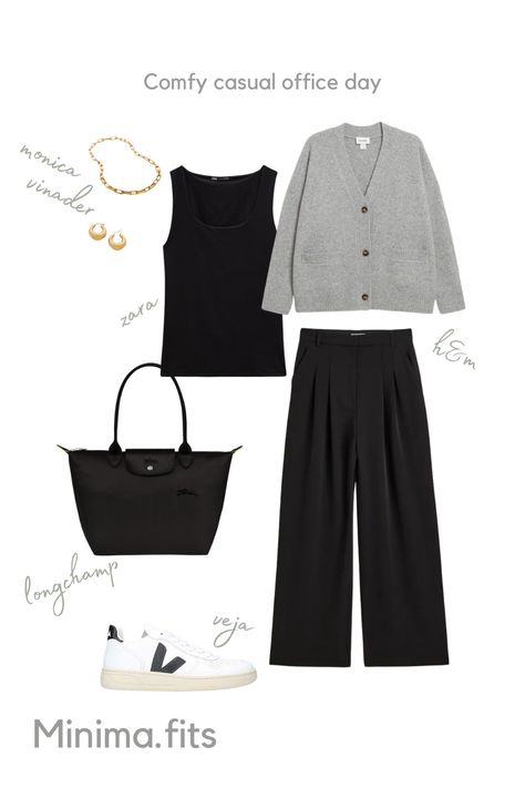 A comfy casual outfit, perfect for the office. The outfit includes black wide leg H&M trousers, black Zara tank, grey cardigan, leather Veja smart trainers, Longchamp black office bag and gold chunky Monica Vinader jewellery. Young Office Outfits, Cute Office Outfits Young Professional, Young Professional Outfits Casual, Young Professional Fashion, Men's Capsule Wardrobe, Internship Outfit, Young Professional Outfits, Fall Winter Capsule Wardrobe, Spring Summer Capsule Wardrobe