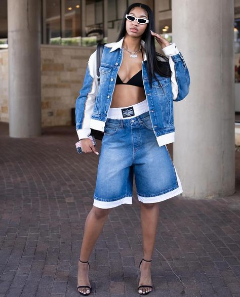 the first 🔟 outfits of angel reese’s wnba career. Angel Reese, Denim Sandals, Image Swag, Heels Outfits, Double Denim, Denim Trends, Wnba, Gameday Outfit, Recycled Denim