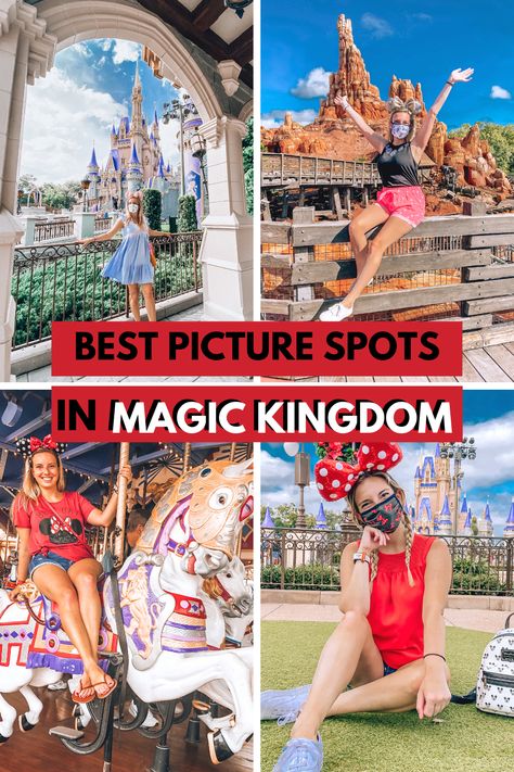 Best Disney Pictures Ideas, Magic Kingdom Photo Ops, Best Photo Spots In Magic Kingdom, Magic Kingdom Photoshoot, Disney World Castle Pictures, Magic Kingdom Poses Ideas, Disney Castle Photo Ideas, Disney Magic Kingdom Tips, Family Magic Kingdom Outfits