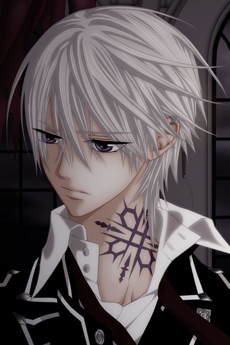 Zero from Vampire Knight...Hooked on this show at the moment.Finally decided to try it White Haired Anime Guy, White Haired Anime, Tattoo On Face, Vampire Knight Zero, Boy With White Hair, Zero Kiryu, Matsuri Hino, Kaname Kuran, Vampire Knights