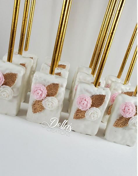 Floral Rice Krispy Treats, Rose Gold Rice Krispie Treats, Baby In Bloom Rice Krispies, Flower Rice Krispie Treats, Pink Chocolate Covered Rice Krispies, Elegant Rice Krispie Treats, Bridal Shower Rice Krispie Treats, Boho Rice Krispie Treats, Quinceañera Treats