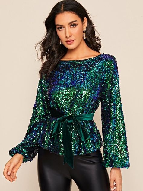 Sequence Top Outfit, Sequence Tops, Sequence Top, Sequins Top, Belt Top, Bishop Sleeve, Sequin Fabric, Long Puff Sleeves, Sequin Top