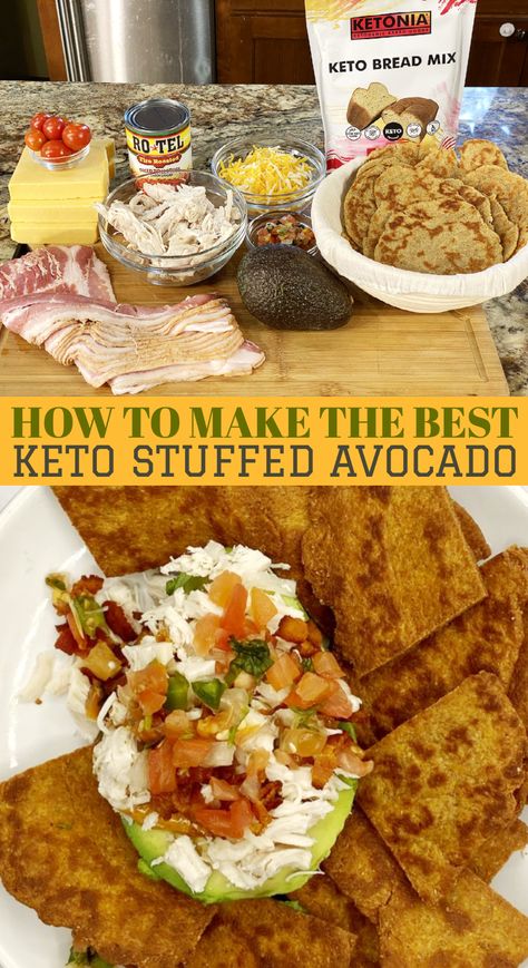 Keto Stuffed Avocado We are obsessed with avocados but this Keto Stuffed Avocado is next level! This is so quick and easy to make! With the right fat and protein, it's an appetizer that you'll want to eat again for lunch and dinner! Love avocados? Comment below what other recipes you want us to make! https://ketoniafoods.com/recipes/how-to-make-the-best-keto-stuffed-avocado Stuffed Avocado, Chicken Chorizo, Keto Tortillas, Bread Mix, Bacon Cheddar, Favorite Comfort Food, Bacon Bits, Keto Bread, Shredded Chicken