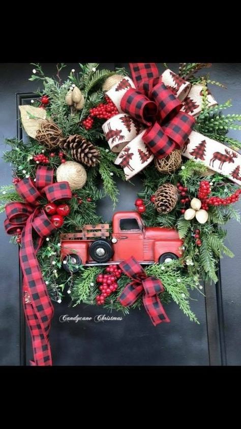 Red truck wreath Cabin Outside, Red Truck Wreath, Rustic Christmas Decorations, Outside Christmas Decor, Truck Wreath, Christmas Ornament Wreath, Christmas Tablescape, Xmas Wreaths, Christmas Decorations Rustic