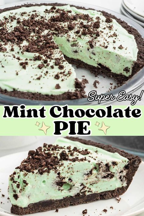 Mint Chocolate Pie Mint Chocolate Chip Ice Cream Pie, Grasshopper Cocktail, Brownie Pie Recipe, Mint Pie, Mint Chocolate Desserts, Chocolate Pie Recipe, Green Dessert, Chocolate Cookie Crust, Mint Desserts