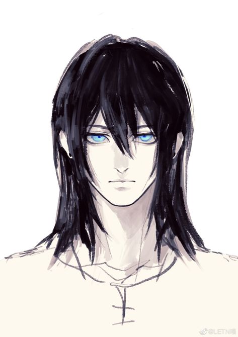 Black Hair Blue Eyes Oc Male, Long Haired Oc Male, Male Character Long Hair, Male Oc With Black Hair, Boy With Long Hair Drawing, Character Design Male Black Hair, Aot Oc Male, Black Hair Fringe, Blue Eyes Black Hair