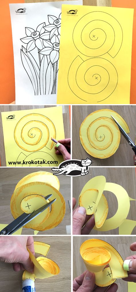 krokotak | PAPER DAFFODILS Daffodil Craft For Kids, Krokotak Spring, Daffodils Craft, Paper Daffodils, Tissue Paper Flowers Easy, Daffodil Craft, Easter Crafts Diy Kids, Daffodil Day, Tissue Paper Flowers Diy