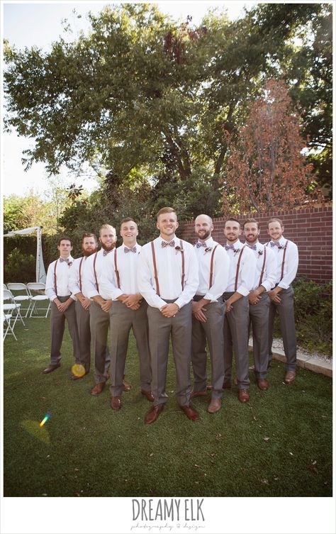 groom and groomsmen wearing suspenders, bow ties, and gray pants, the union on 8th wedding photo {dreamy elk photography and design} Burgundy Bow Tie And Suspenders, Grey Pants And Suspenders Wedding, Burgundy And Grey Groomsmen Attire, Brown Suspenders Groomsmen, Groomsmen Attire Suspenders, Groom And Groomsmen Shirts, Groomsmen Outfit, Elk Photography, Groomsmen Suspenders