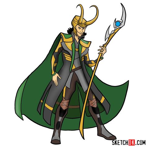 How to draw Loki - Marvel Comics villain - Step by step drawing tutorials Loki Drawing, Cartoon Drawings Sketches, Drawing Superheroes, Cartoon Drawings Of People, Cartoon Drawings Disney, Doodle Characters, Cartoon Drawing Tutorial, Loki Fanart, Easy Cartoon Drawings