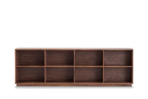 Walnut Bookshelves, Detroit Apartment, Plywood Art, Low Bookshelves, Plywood Projects, Walnut Bookcase, Low Bookcase, Wood Sample, Open Bookcase