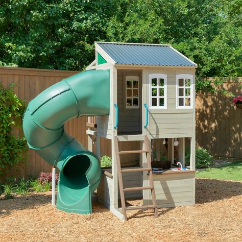 KidKraft Cozy Escape 7'25" x 10'6" Playhouse & Reviews | Wayfair.ca Cozy Escape Playhouse, Childrens Playhouse, Cafe Window, Wall Bench, Playhouse Outdoor, Play Structure, Water Based Stain, Rock Wall, Swing Set