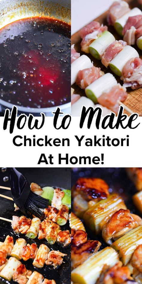 How to make chicken yakitori at home with skewers of chicken and negima brushed with glossy sauce. Yakitori Chicken Recipe, Japanese Feast, Yakitori Sauce, Chicken Yakitori Recipe, Yakitori Recipe, Yakitori Chicken, Japanese Chicken, Japanese Bread, Grilled Chicken Skewers