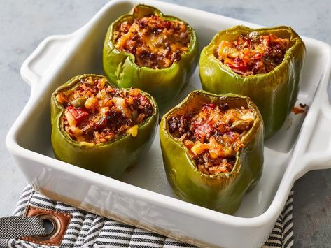 Baked Stuffed Peppers Stuffed Peppers Without Rice, Baked Stuffed Peppers, Stuffed Peppers With Rice, Leftover Chili, Ground Beef Rice, Copper Chef, Stuffed Pepper, Crowd Pleasing Recipes, Beef And Rice