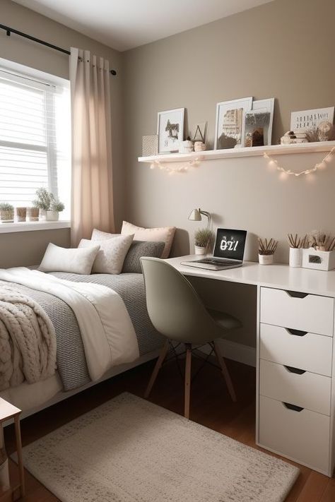 Small Bedroom With Shelves, Small Room Layout Ideas Bedroom, Aesthetic Bedroom Ideas For Small Rooms, 3x4 Bedroom Design, Bedroom Desk Ideas Aesthetic, Small Bedroom Ideas With Desk, Uni Room Ideas Uk Halls, Decorate A Small Bedroom, Small Bedroom Makeover