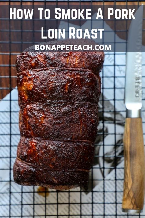 Smoked pork loin with a knife Pork Loin Roast On Pellet Grill, Smoked Bone In Pork Loin Roast Recipes, Pork Loin Big Green Egg, Pork Loin On Smoker Grill, Pork Roast On Smoker, Smoked Boneless Pork Loin Roast, Pork Roast Smoker, Smoked Bone In Pork Loin, Smoked Pork Roast Recipes Smokers