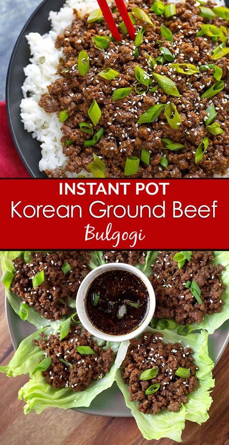 Korean Beef Lettuce Wraps, Instant Pot Korean, Korean Beef Tacos, Crockpot Express, Korean Ground Beef, Ip Recipes, Bulgogi Recipe, Beef Lettuce Wraps, Beef Rice