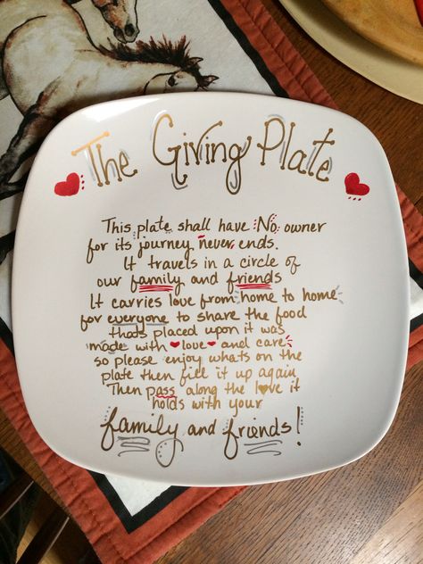 A gift from my sister-in-law, The Giving Plate. Bring this dish as a guest to a dinner and leave it for the host to share. The Giving Plate, Sister Gifts Diy, In Law Christmas Gifts, Giving Plate, Law Christmas, Sister In Law Gifts, Diy Sharpie, Christmas Gifts For Sister, The Host