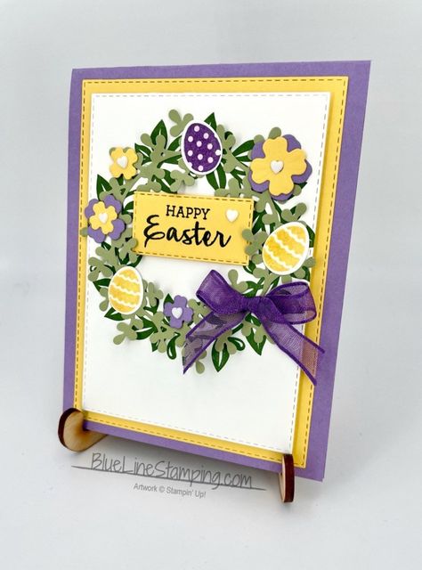 Diy Easter Cards, Stampin Up Easter Cards, Wreath Cards, Stampin Up Easter, Easter Cards Handmade, Jesus Is Risen, Pretty Ribbon, Happy Easter Everyone, Happy Easter Card