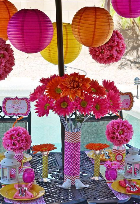 Mother's Day Party Ideas | Photo 1 of 39 | Catch My Party Fountain Flowers, Day Party Decorations, Mother's Day Party, Day Party Ideas, Orange Party, Flamingo Tropical, Mom Party, Mothers Day Decor, Mothers Day Brunch