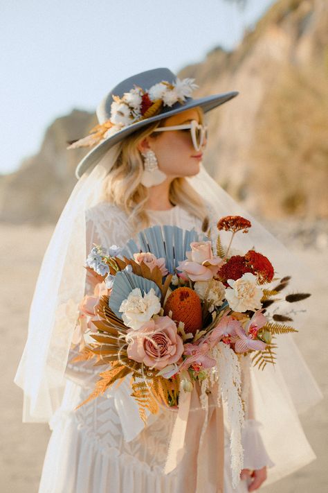 Western Boho Chic, Santa Barbara Courthouse, Bouquet Photography, Laid Back Wedding, Bridal Hat, Floral Hat, Colorful Bouquet, Santa Barbara Wedding, Green Wedding Shoes