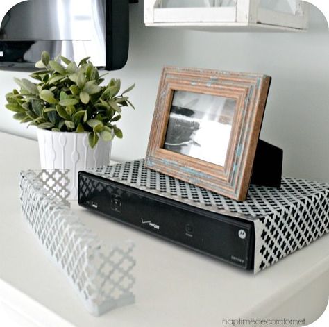 easy way to hide a cable box Cable Box Cover, Hide Cable Box, Film Decor, Hide Cords, Hidden Tv, Hide Cables, Cable Box, Box Tv, Tv Box