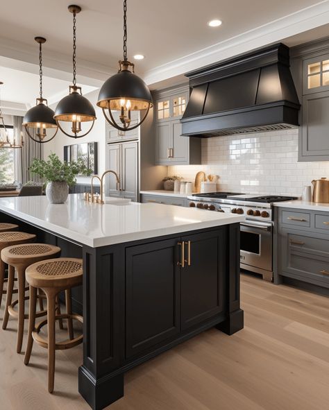 A st of 3 industrial gray pendant lights hanging over a kitchen island counter with wooden bar stools nestled inside, a marble countertop, gray shelves, modern, industrial and chic with metal finishes. Highgrove House, Cabinet Samples, Vermont House, Metal Magic, Kitchens Design, Country Kitchens, Kitchen Remodel Inspiration, Kitchen Renovations, Dining Room Combo