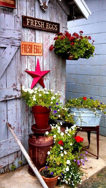 not in these colors per say, but anything old, milk jugs, wash bins, anything old vintage, antique, rustic & throw some annuals & trailing perennials                                                                                                                                                      More Outhouse Ideas, Garden Diy Decoration Ideas, Coop Decor, Spring Decoration, Keeping Chickens, Retirement Plan, Vintage Garden Decor, Rustic Doors, Pallet Painting