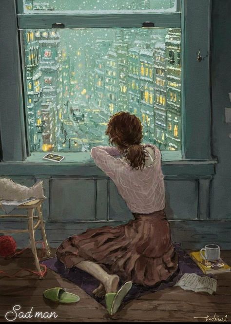 Missing You Art Paintings, Miss You Painting, Joy Of Missing Out, Missing Illustration, Cozy Poses, Window Images, People Stickers, Comfort Art, It's Snowing