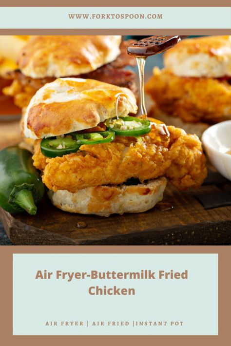 Air Fryer-Buttermilk Fried Chicken Chicken Burgers Air Fryer, Chicken Burgers In Air Fryer, Air Fryer Buttermilk Fried Chicken, Burgers Air Fryer, Burgers In Air Fryer, Buttermilk Chicken Breast, Buttermilk Chicken Burger, Air Fried Chicken Tenders, Chicken Burger Recipe