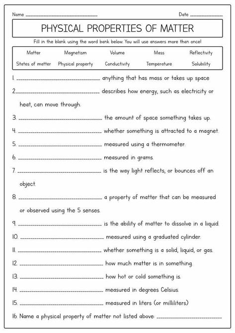 Physical Properties Of Matter, Matter Activities, States Of Matter Worksheet, Science Electricity, Science Quiz, Creative Worksheets, Matter Worksheets, Properties Of Matter, Matter Science