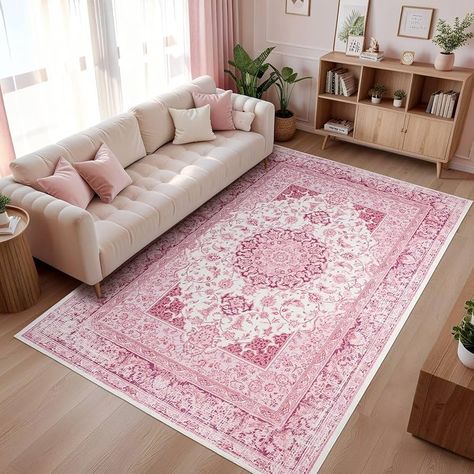 Amazon.com: Macgace 8x10 Washable Rugs for Living Room, Faux Wool Vintage Rug for Bedroom Dining Room, Low Pile Soft Boho Floor Covering Carpet Retro Distressed Medallion Mat Traditional Interiors, Pink : Home & Kitchen Pink Apartment Decor Inspiration, Pink Accent Living Room, Pop Of Color Rug, Kawaii Apartment, Pink House Decor, Bohemian Interior Design Style, Vday Decor, Studio Mood Board, Pink Living Room Decor