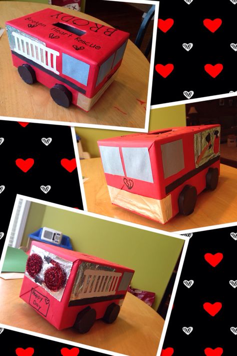 Fire Truck Valentine Box Firetruck Valentine Boxes For Boys, Marshall Valentines Boxes, Fire Truck Valentines Boxes, Valentine Mailboxes, Truck Valentine, Kids Valentine Boxes, Make A Fire, Boys Valentines, Valentine Card Box