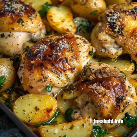 Garlic Parmesan Chicken and Potatoes | InesKohl Kitchen Garlic Roasted Chicken And Potatoes, Chicken Thigh And Potato Recipe, Stuffed Chicken Thigh Recipes, Garlic Parm Chicken And Potatoes, Chicken Potato Recipes, Chicken And Potato Recipes, Chicken And Roasted Potatoes, Chicken And Potatoes Recipes, One Pan Chicken And Potatoes