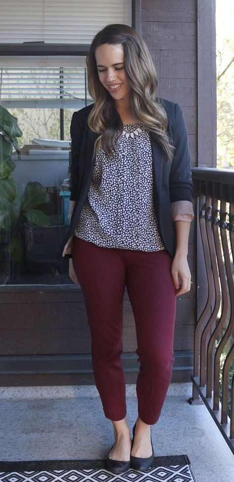 Jules in Flats April 2016 Outfits (heart print blouse) Colored Work Pants Outfit, Maroon Dress Pants Outfit, Fall Outfit Ideas For Work, Professional Comfortable Outfits, Outfits With Teal Pants, Outfits With Colored Jeans, Cranberry Pants Outfit, Fall Burgundy Outfit, Outfits With Maroon Pants