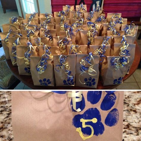 Cute Football Team Snacks, Football Bags Goodie, Cute Cheer Gifts Goodie Bags, Goodie Bags For Sports Teams, Spirit Bags Ideas Sports, Homecoming Goodie Bag Ideas, Cheer Goodie Bags Ideas Team Snacks, Senior Football Gifts Goodie Bags, Cheerleading Snack Ideas Goodie Bags