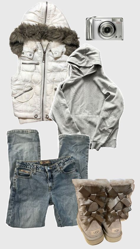 flatlay, collage, y2k, vintage, 2000s, vest, hoodie, jeans, uggs 2000s Winter Outfits, 2000s Fashion Winter, Y2k Winter Outfits, Outfit Ideaa, Winter Collage, Y2k Winter, 2000s Outfits, Outfit Vintage, Cold Outfits