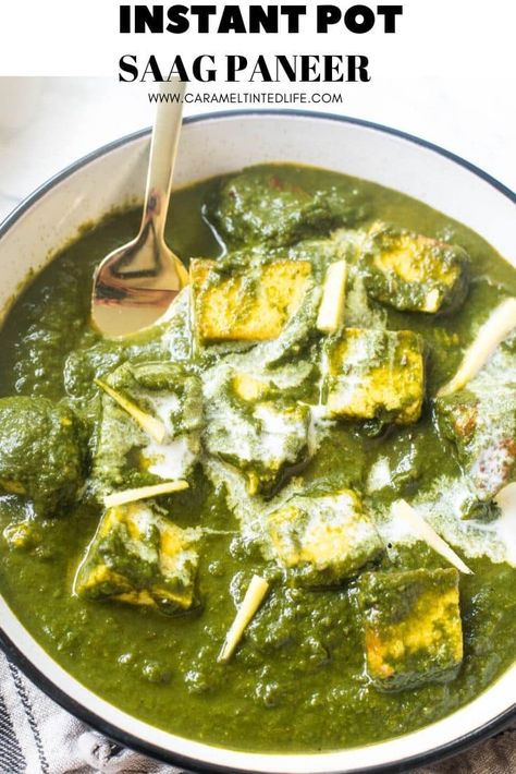 Saag paneer is traditionally made with cubes of paneer cooked in a sauce made of green leafy veggies. A delicious, comforting, vegetarian curry that is better than the restaurant version! #spinach #paneer #saag #instantpotpaneer #instantpotindian #saagpaneer Paneer Saag, Spinach Paneer, Vegan Korma, Spinach Puree, Saag Paneer, Indian Dinner, Vegetarian Curry, Paneer Recipes, Recipes Indian