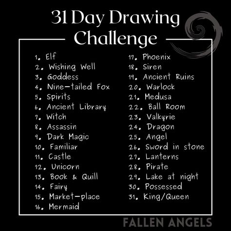 Inktober prompts | fantasy themed art prompt list Inktober Character Prompts, Art Prompts List, Art Concepts Ideas List, Art Promt List, Oc Inktober Prompts, Art Prompt Challenge, Sketchbook List Ideas, 30 Day Drawing Challenge Fantasy Art, Art Prompts Characters