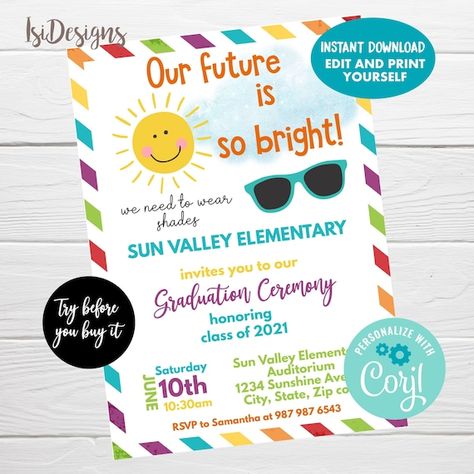 Our Future is Bright Kindergarten Graduation Ceremony Editable Invitation, Instant Download, Preschool Graduation Invite Preschool Graduation Theme, Kindergarten Awards, Kindergarten Graduation Ceremony, Ceremony Program Template, Pre K Graduation, Future Is Bright, Graduation Favors, Preschool Graduation, Printable Favor Tags