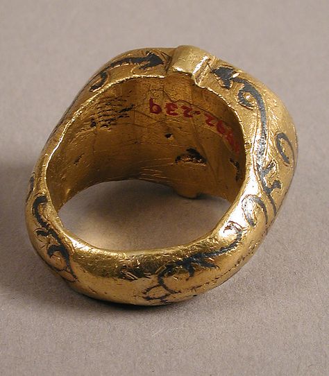 Signet Ring of John, Imperial Spatharios Date: 10th century Culture: Byzantine Medium: Gold, niello Dimensions: Overall: 9/16 x diam. 15/16 in. (1.5 x diam. 2.4 cm) Mens Gold Signet Rings, Ancient Rings, Byzantine Rings, Metal Art Jewelry, Medieval Rings, Gold Finger Rings, Ancient Jewellery, Vintage Jewelry Art, Design Objects